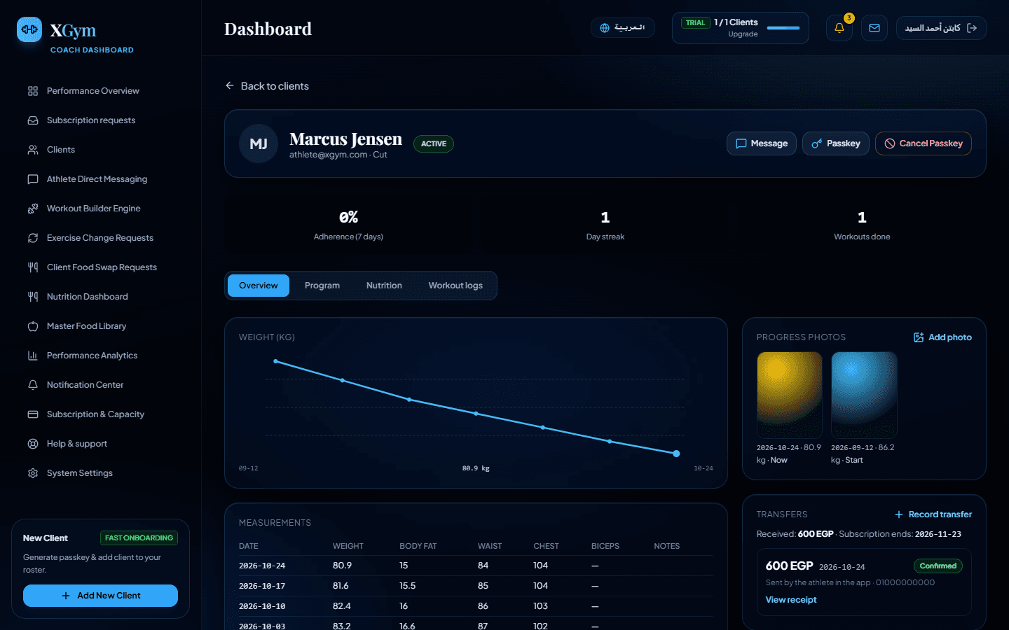 XGym coach dashboard client page